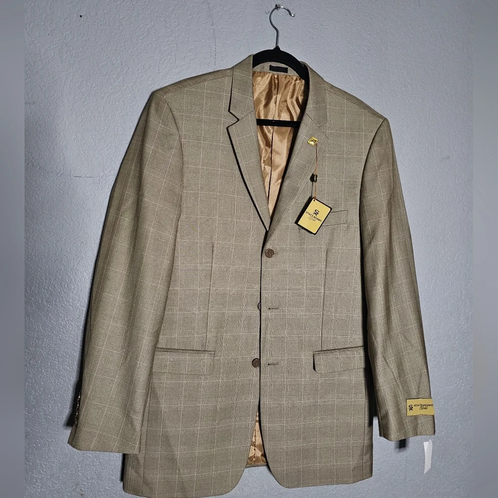 Stacy Adams Gold Sport Coat Mens Plaid Suit Jacket Ivory Formal Blazer 40L NWT